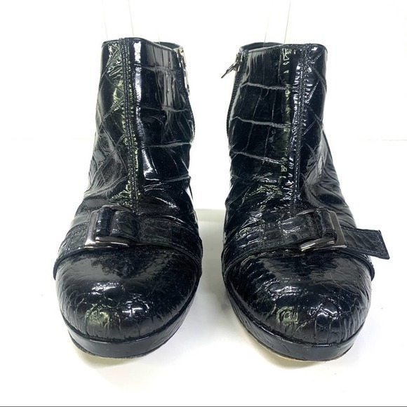 ANNA BIAGINI Patent Leather Reptile Print Chunky Heel Bootie - Picture 3 of 11